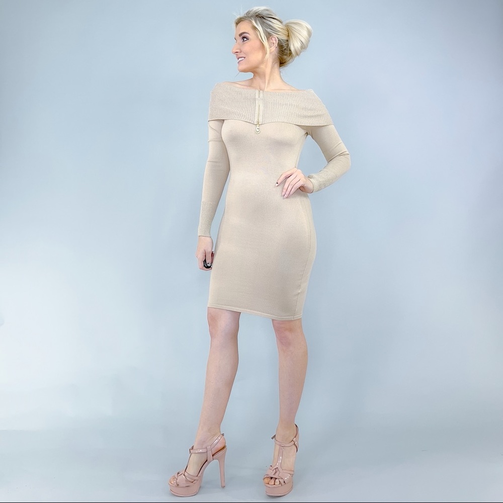 Off Shoulder Long Sleeve Fitted Sweater Dress - Picture 5 of 16